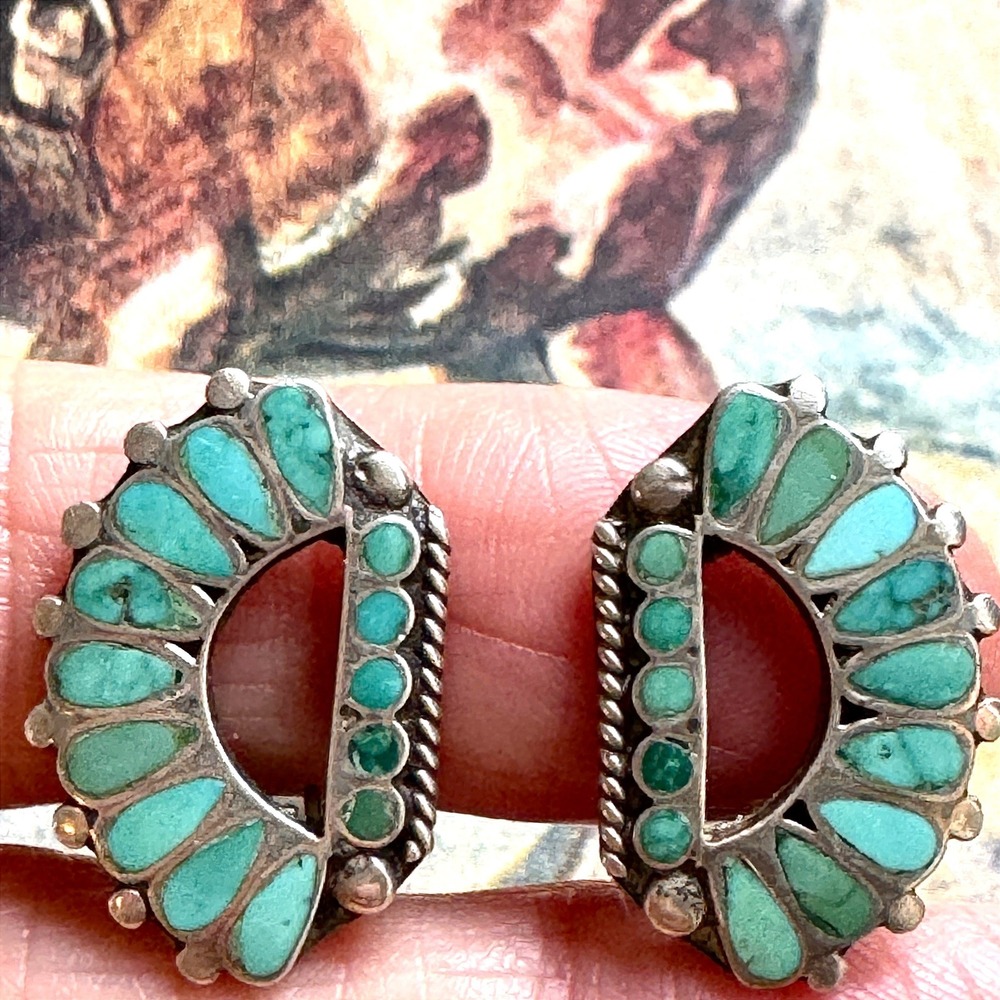 Navajo Turquoise Earrings Dishta Style Clip On Sterling Native American Old 1940
